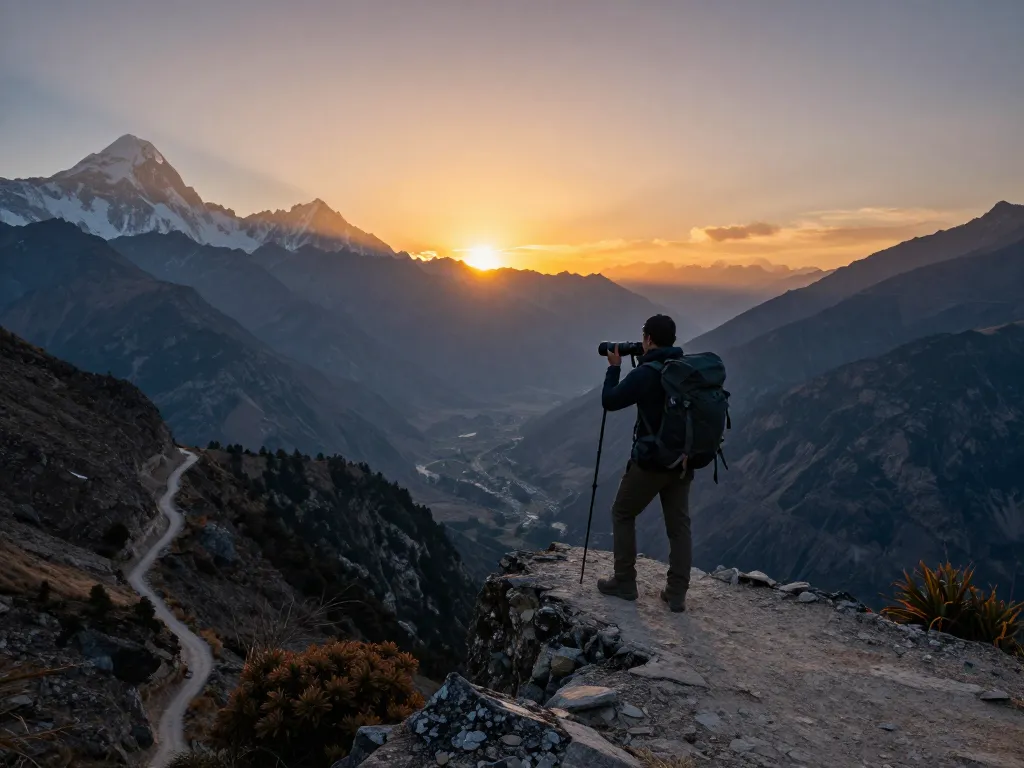 Trek to Annapurna Circuit: Hiker enjoying mountain sunset view from cliff edge, equipped with backpack and trekking poles.