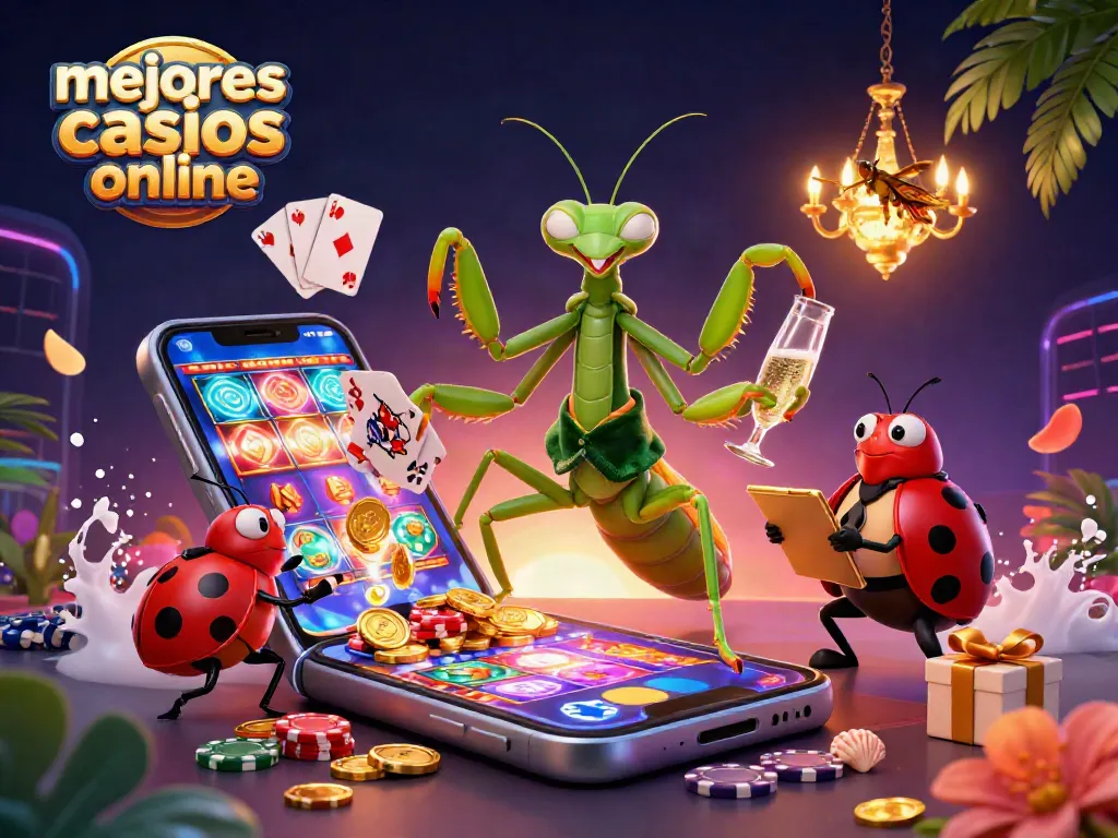 Los mejores casinos online muestran una animada escena de juego con un camaleón y una mariquita en acción.