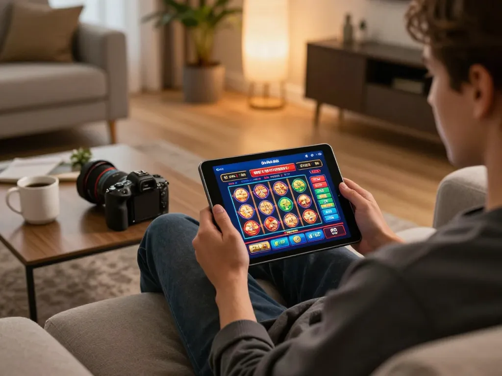 Catching action in a casino non aams con neteller on a tablet during home gaming session.