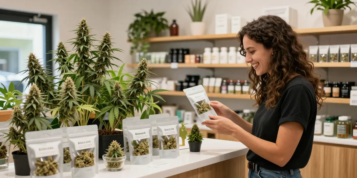Customer exploring Alien Labs Biskanté flower in a modern cannabis retail space.