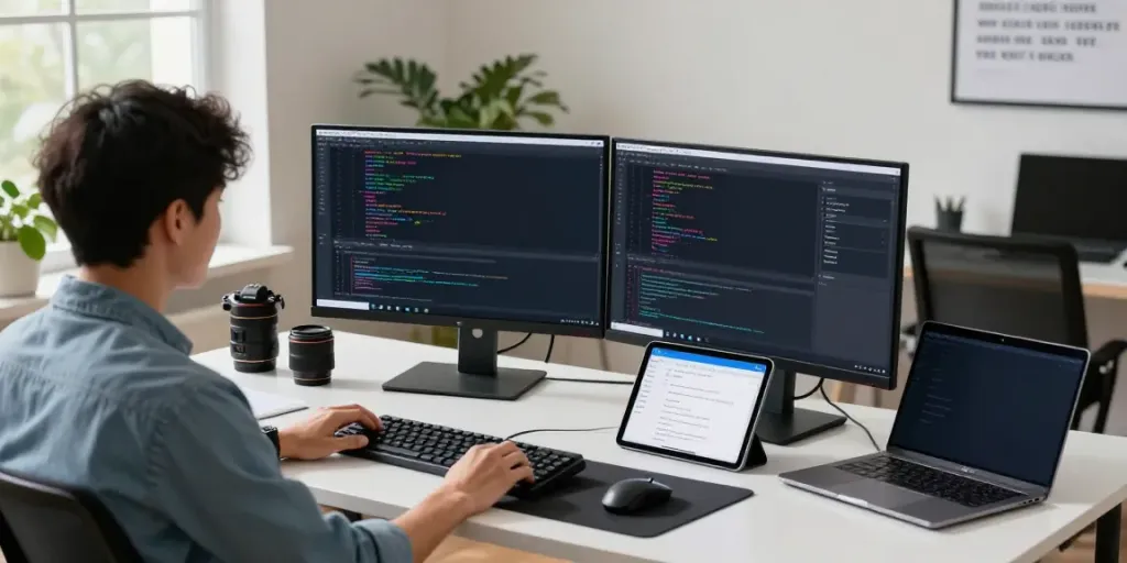 Workspace scene featuring coding activity with Notepad++ on dual monitors at https://notepad-app.co/ showcasing vibrant syntax highlighting.