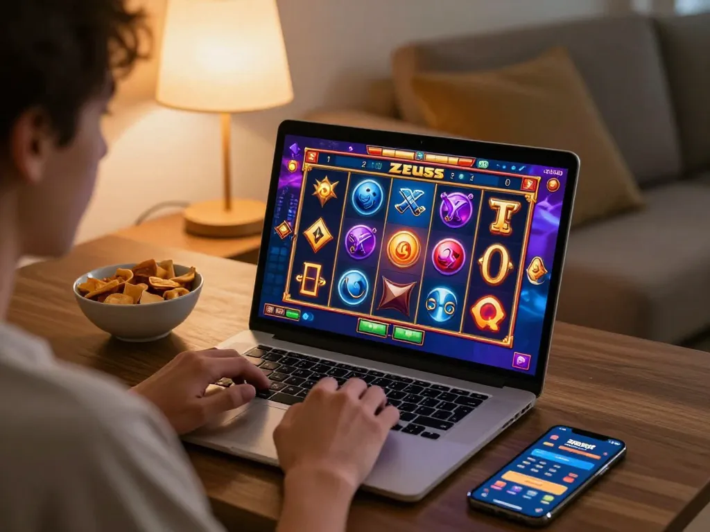 Terlibat dalam sesi permainan slot zeus online di laptop dalam suasana yang nyaman, gulungan berwarna-warni berputar.
