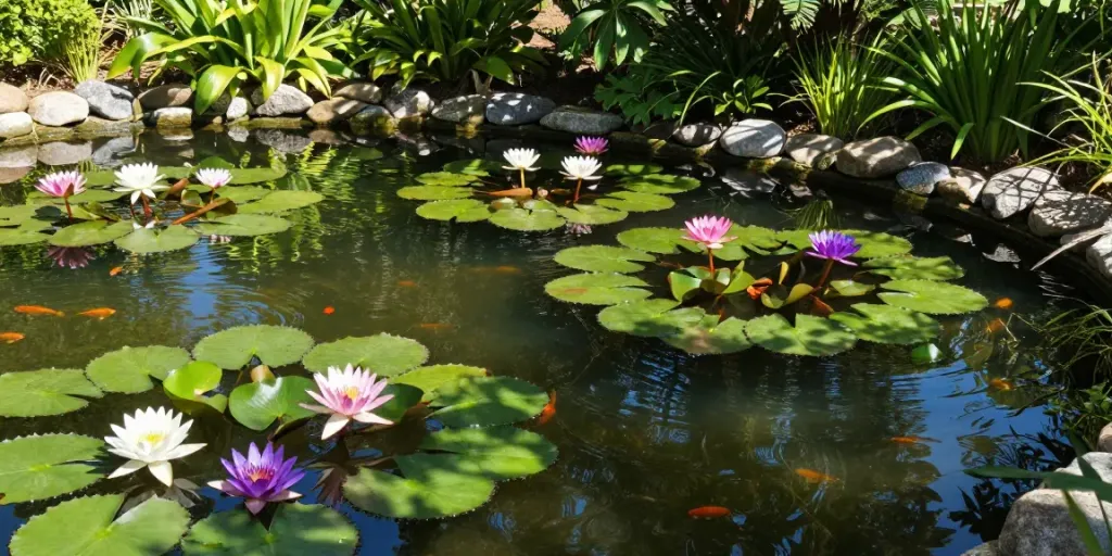 Beautiful water lilies blooming in a serene garden pond, inviting you to Buy Water Lilies for your own oasis.