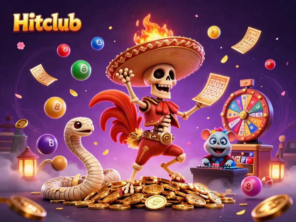 Hitclub animated characters celebrating amidst vibrant casino elements, showcasing exciting gaming moments.