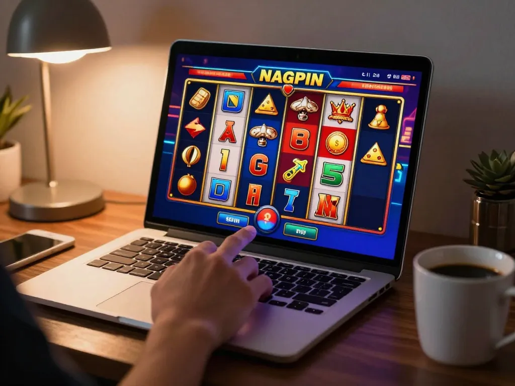 Engaging nagapoker slot gameplay with hand pressing spin button in a cozy home setting.