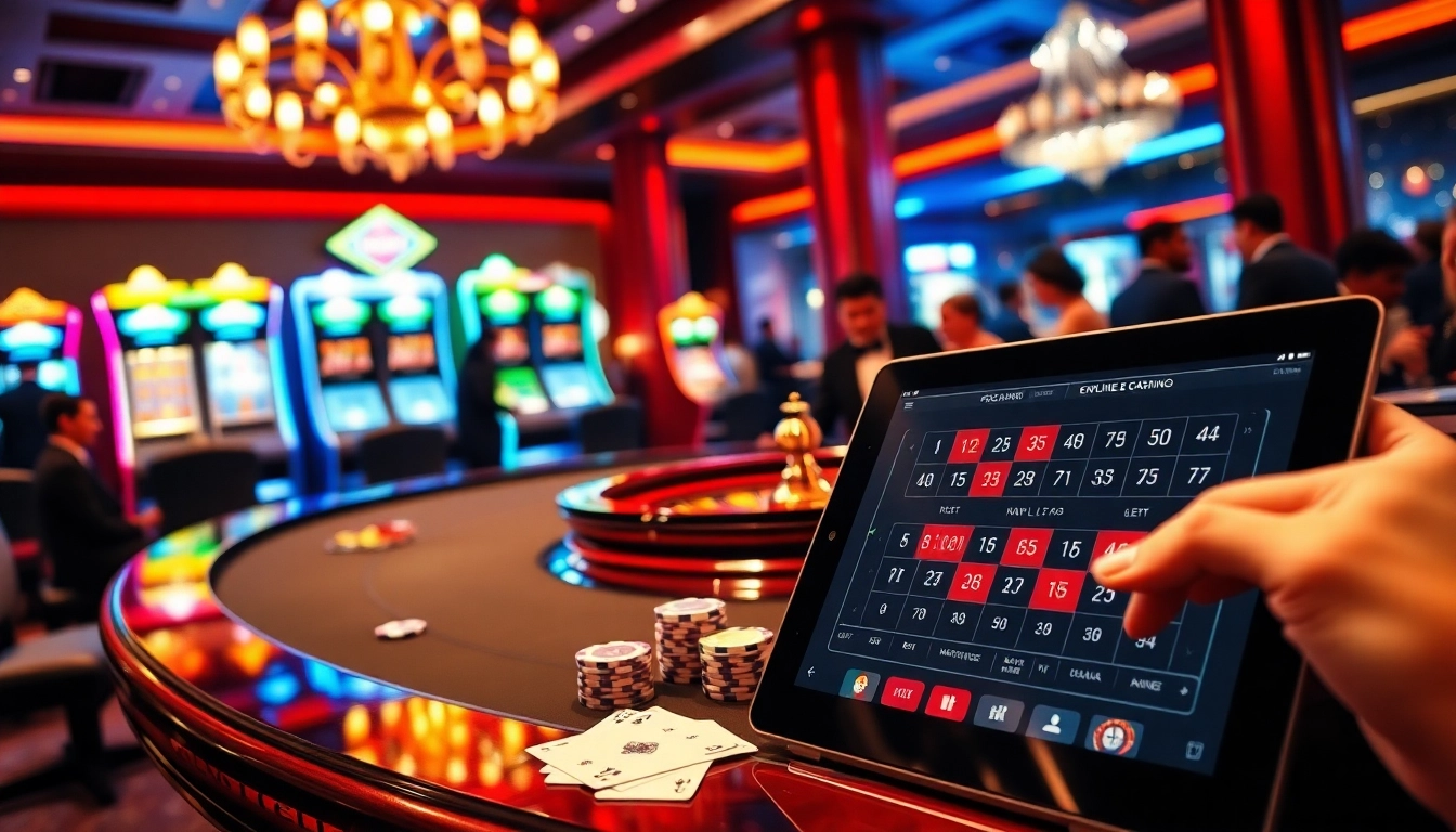 Scène de table engageante dans un casino en ligne France fiable avec des jetons de poker, des cartes, et une roulette.