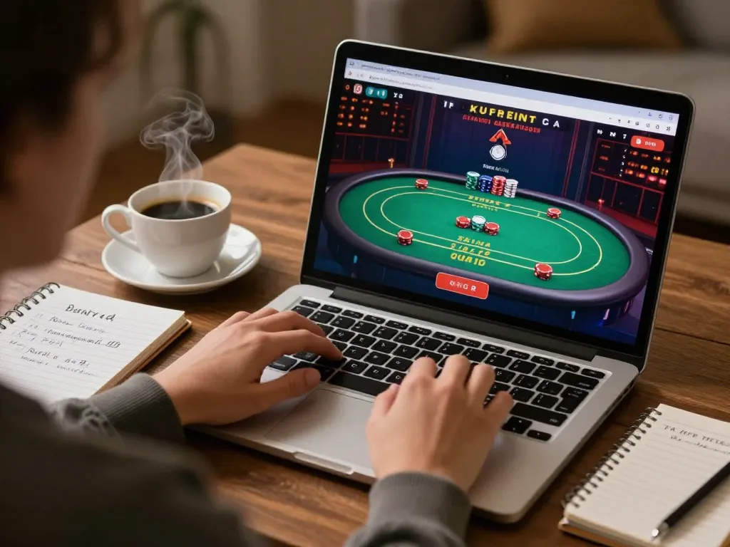 Engaging user playing poker on 888top online platform, showcasing responsible gambling.