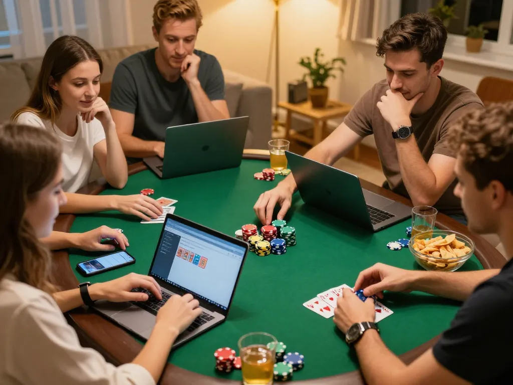 Friends enjoying an online poker game at home, showcasing 388bet on their devices