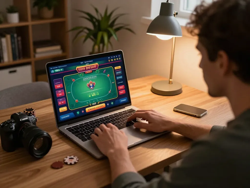 Player engaging in online casino non aams europei on a laptop in a cozy home setting.