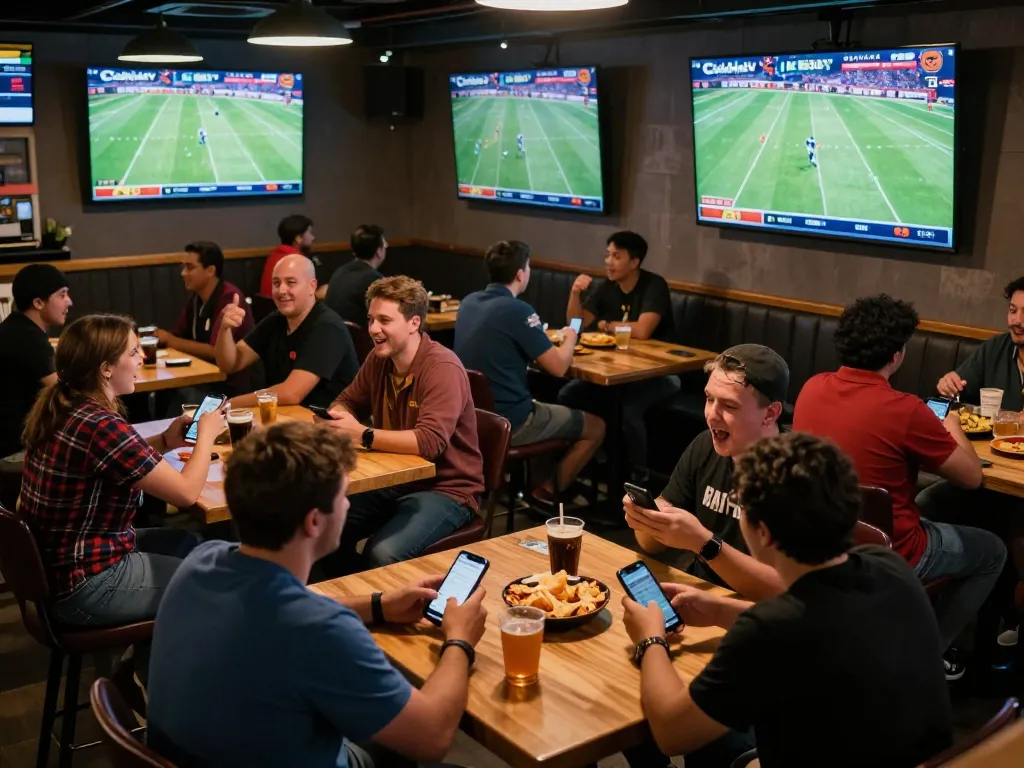 Cakhiatv live football streaming in a lively sports bar, fans engaged in betting and celebrating