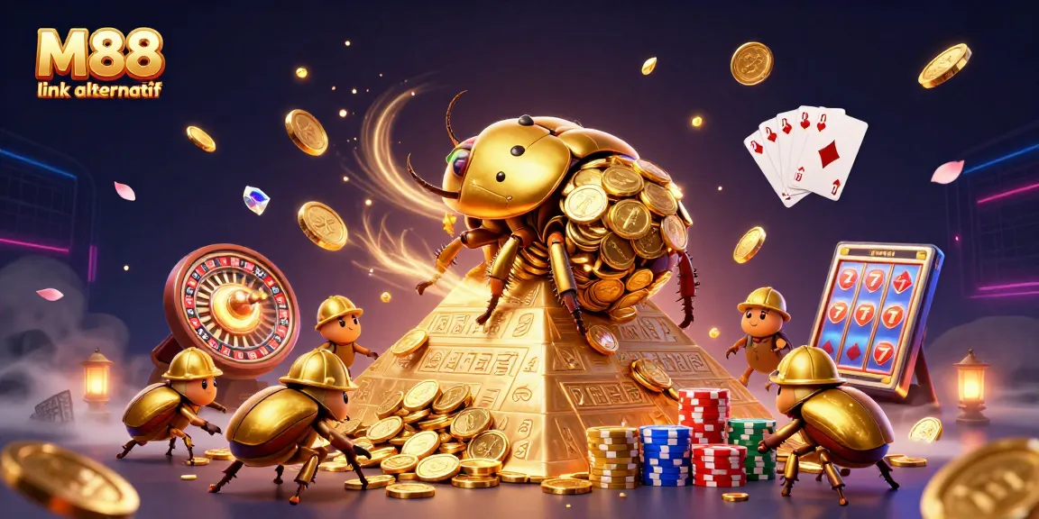 Experience the thrill with M88 link alternatif, featuring 3D cartoon beetles amid cascading coins and vibrant casino symbols.