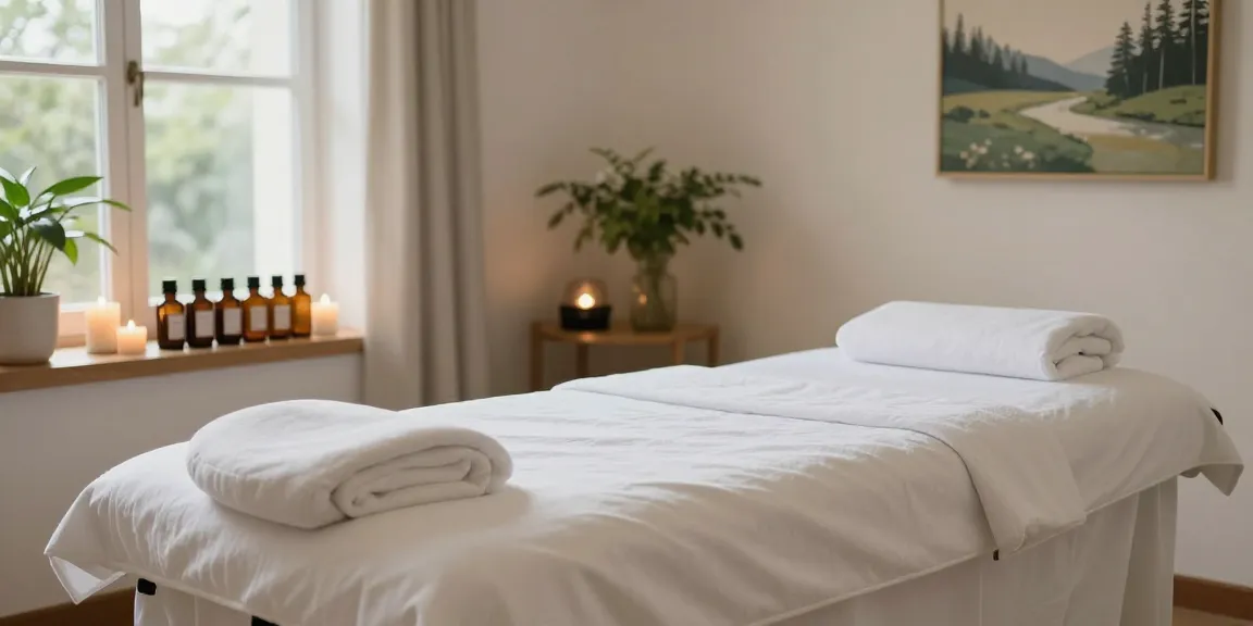 Massage therapy room with soft lighting and essential oils for a calming experience.