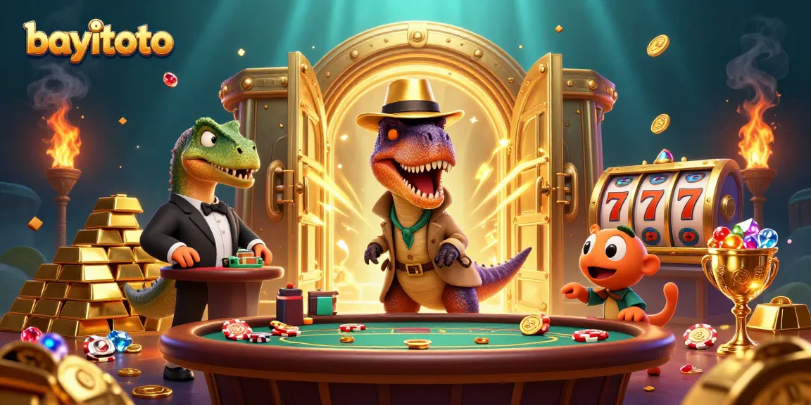 Engage in thrilling baccarat action with bayitoto's vibrant casino scene featuring colorful characters and sparkling treasures.