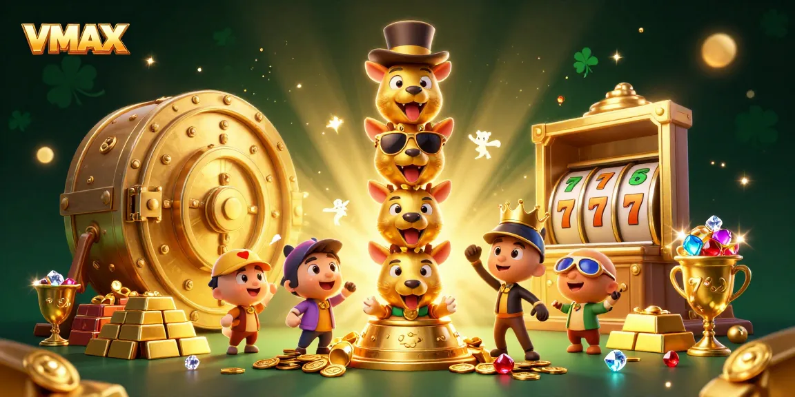 Engage with VMAX's thrilling slot experience surrounded by animated treasures and a dynamic golden totem pole.