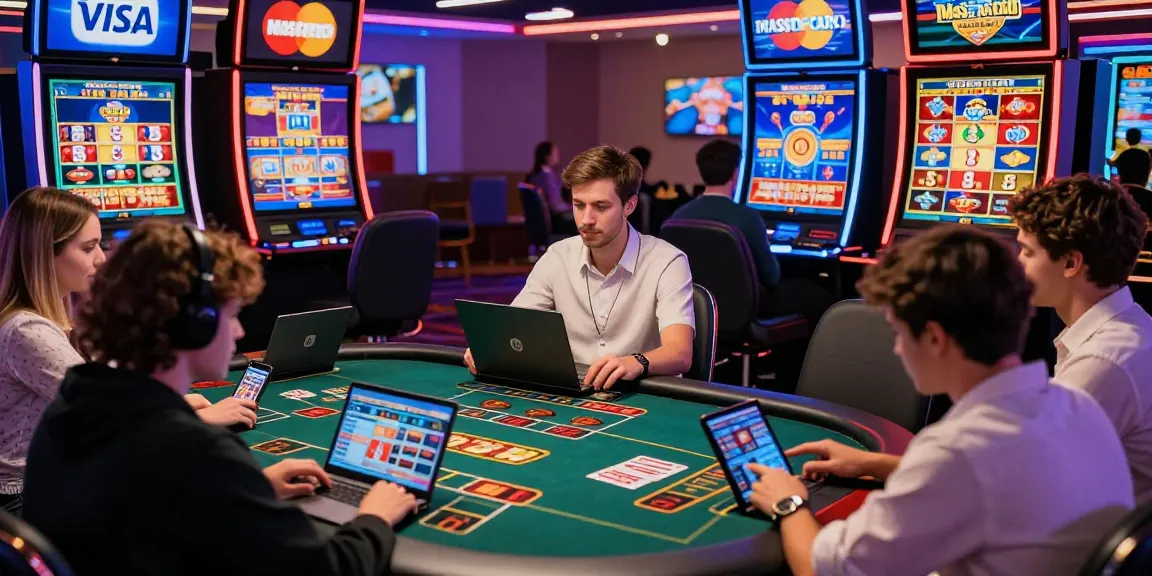 Players enjoying the excitement of credit card casinos, engaging with various games on digital devices.