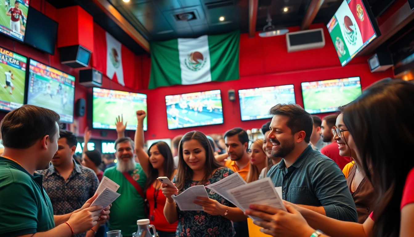 Cheering fans enjoying the best sportsbooks in Mexico at a lively bar atmosphere.