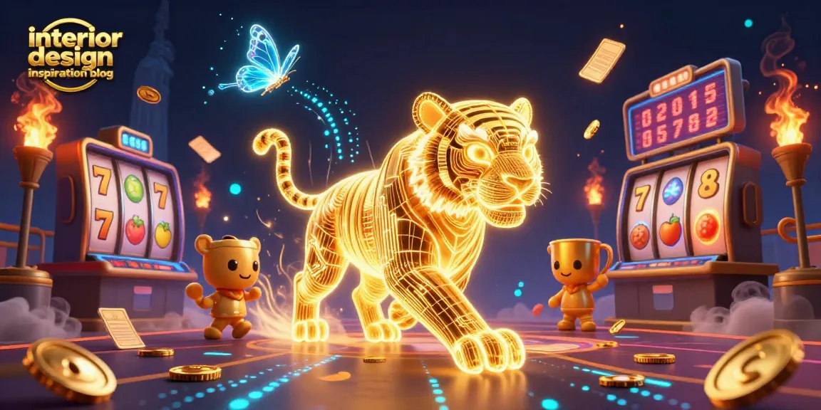Engage with the interior design inspiration blog featuring a vibrant casino scene showcasing winning slot reels and golden details.