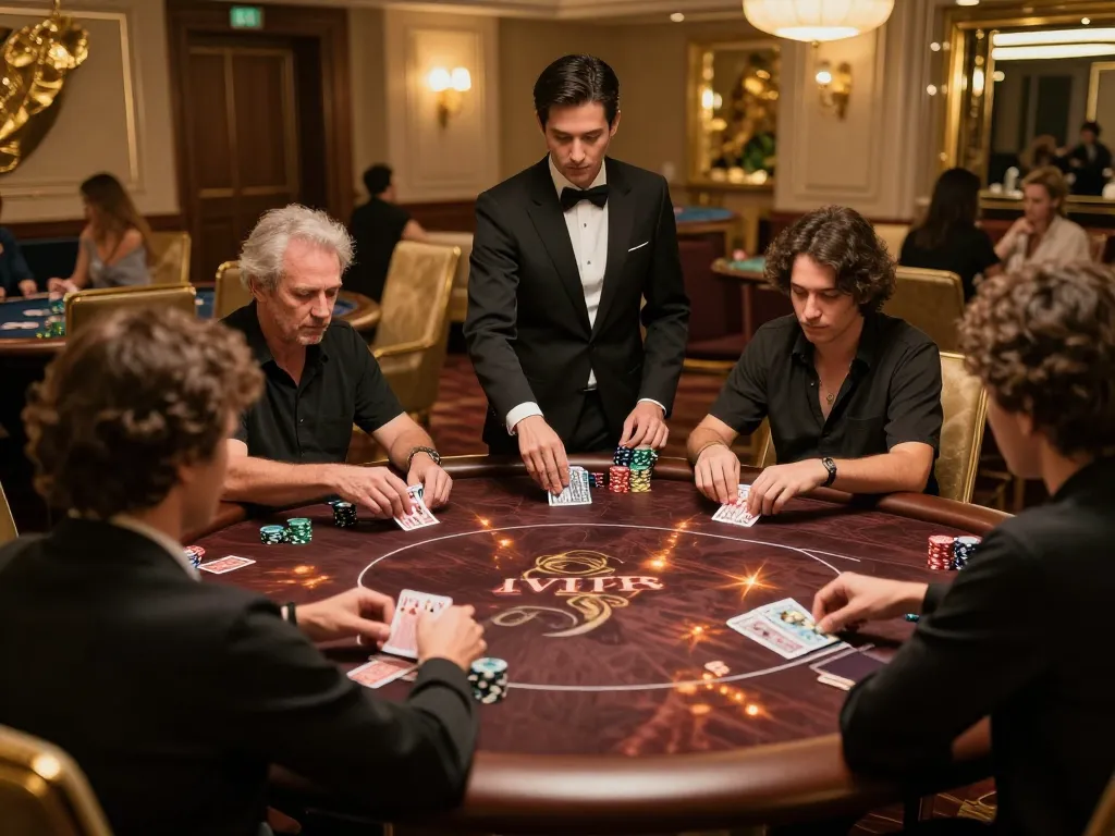58win VIP poker scene with focused players engaged in high-stakes game at luxurious table