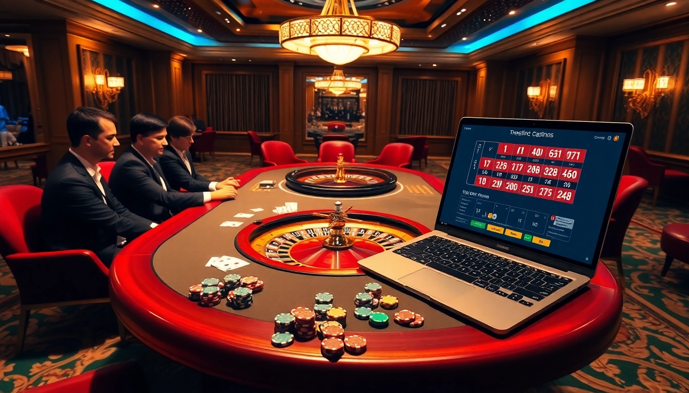 Scène excitante d'une partie de poker à enjeux élevés dans un cadre de casino en ligne France fiable, mettant en avant des joueurs professionnels.