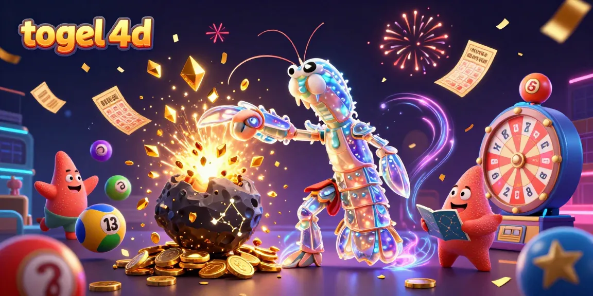 Engage in togel 4d excitement with a dynamic illustration of colorful lottery elements and playful characters.