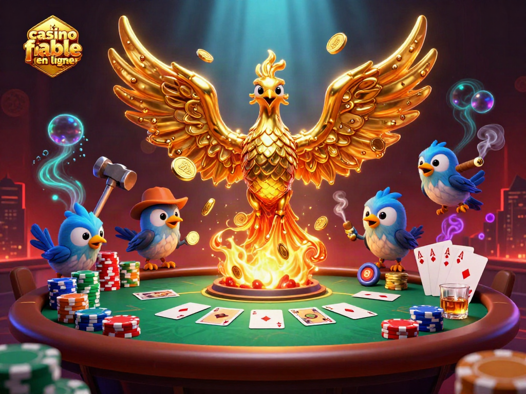 Jouez sur le casino fiable en ligne avec un phoenix doré et des jetons colorés en action.
