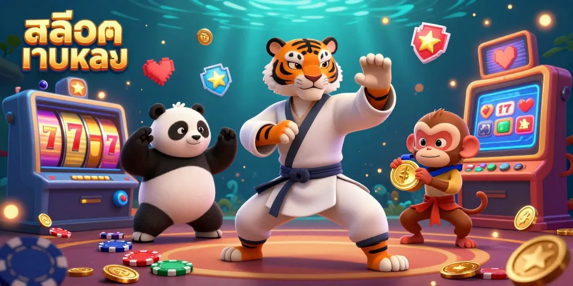 Engage with สล็อตเว็บตรง in a vibrant casino scene showcasing slot reels, poker chips, and animated characters.