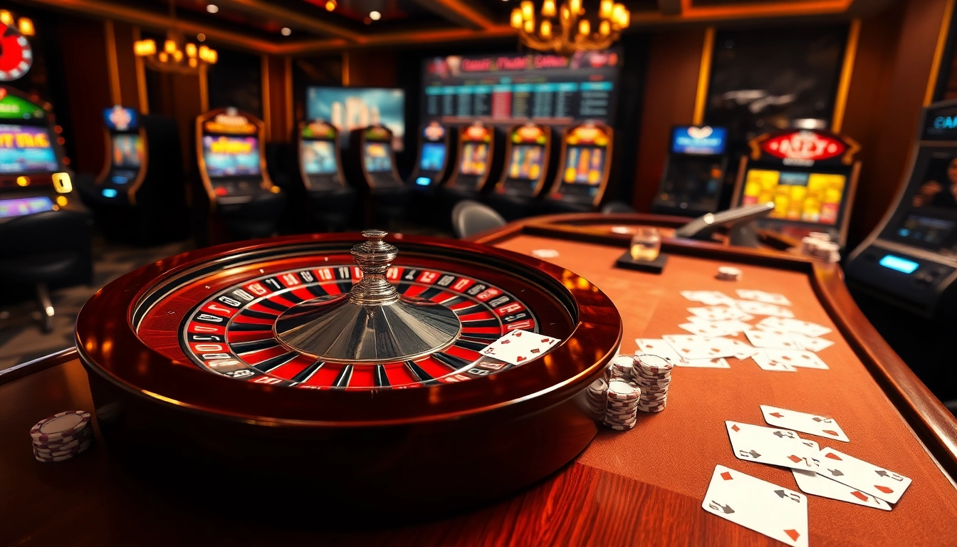 Scène engageante d'un casino en ligne fiable en France avec roulette, cartes de poker et atmosphère de jeu vibrante.