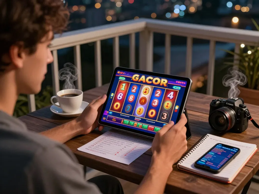 Pemain yang terlibat dalam permainan slot gacor di tablet sambil menikmati pemandangan balkon yang nyaman di malam hari