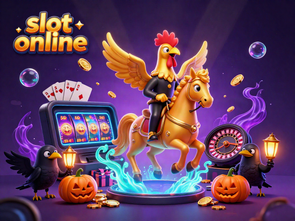 Ilustrasi slot online dengan karakter ayam jantan emas dan kuda spektral di kasino malam, penuh koin emas.