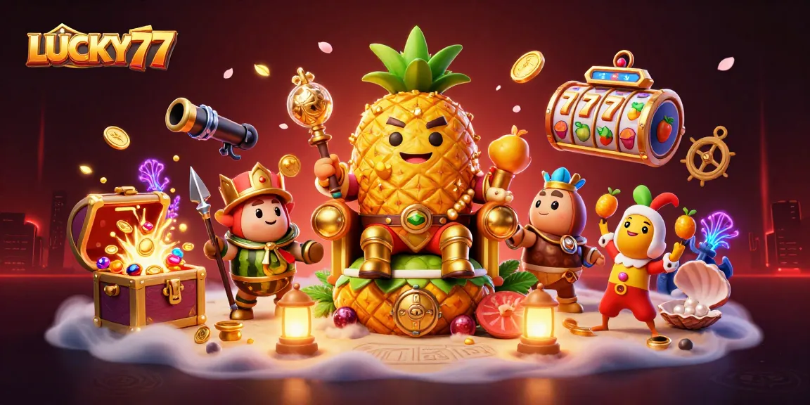 Engage in exhilarating gameplay at LUCKY77 with a vibrant casino scene featuring colorful slot elements.