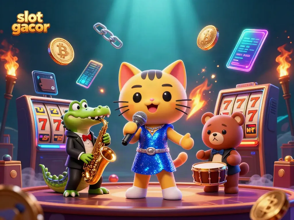 Slot gacor menciptakan suasana meriah dengan kucing penyanyi jazz dan teman-temannya di panggung kasino.