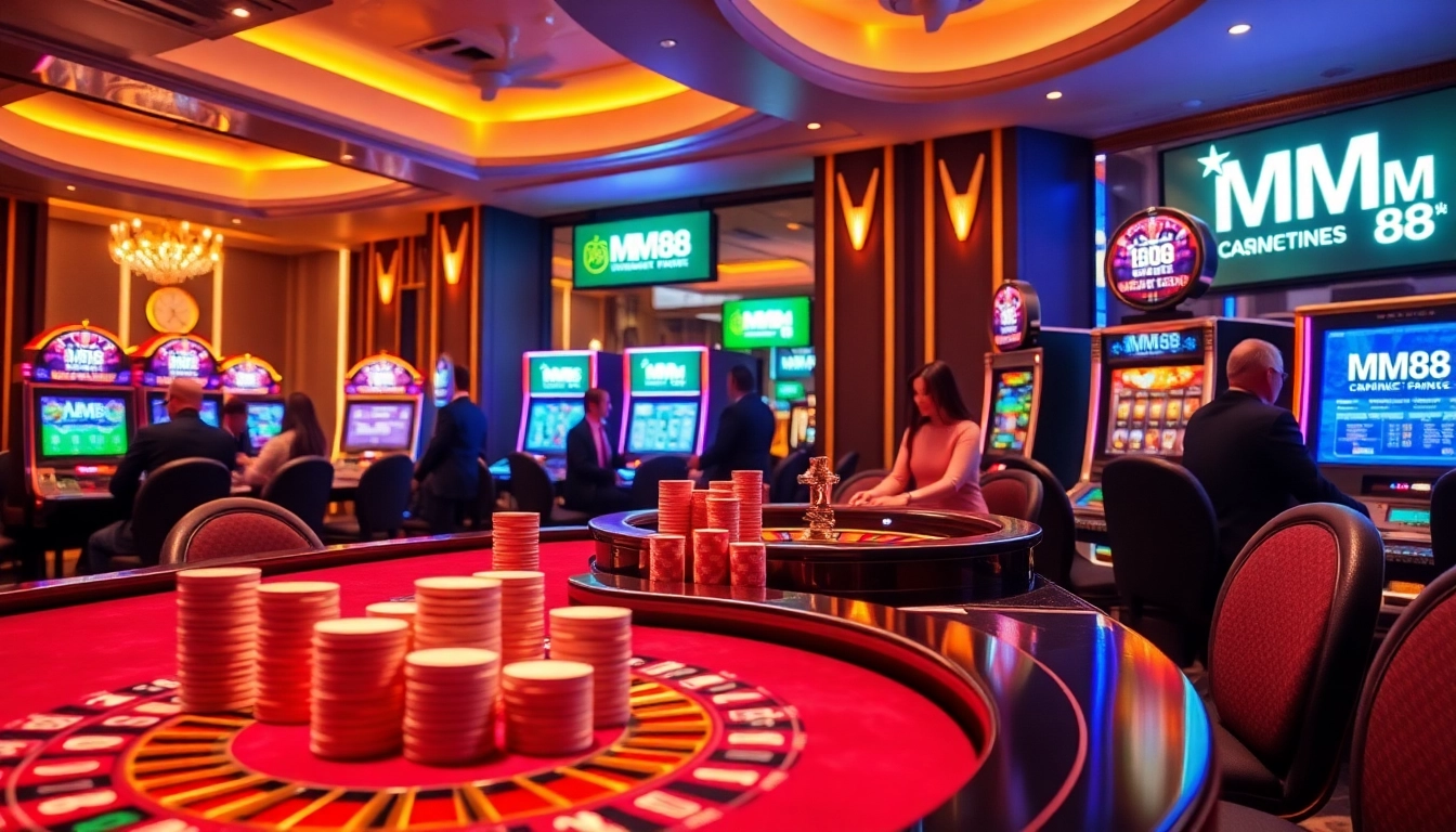 Engage with MM 88 in a luxurious casino setting filled with excited gamblers at high-stakes games.