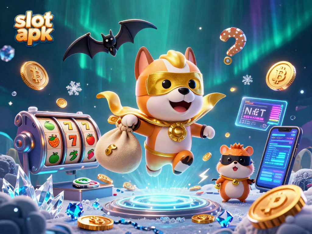 Win big with slot apk in this vibrant 3D illustration showcasing casino action and crypto elements.