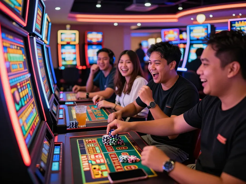 Excited friends celebrating a win on a slot gacor hari ini machine in a colorful casino setting.