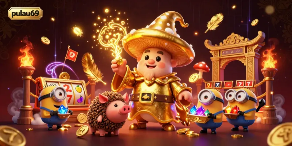 Experience pulau69 slots with a magical golden wizard and treasures in a vibrant casino scene.