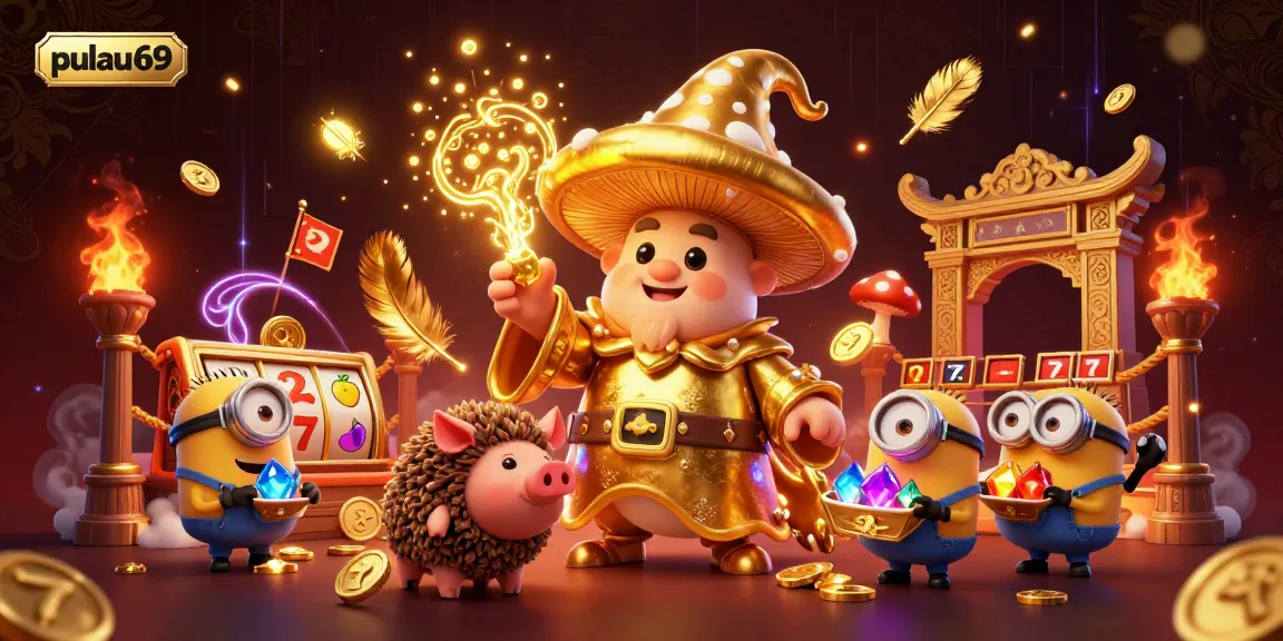 Experience pulau69 slots with a magical golden wizard and treasures in a vibrant casino scene.