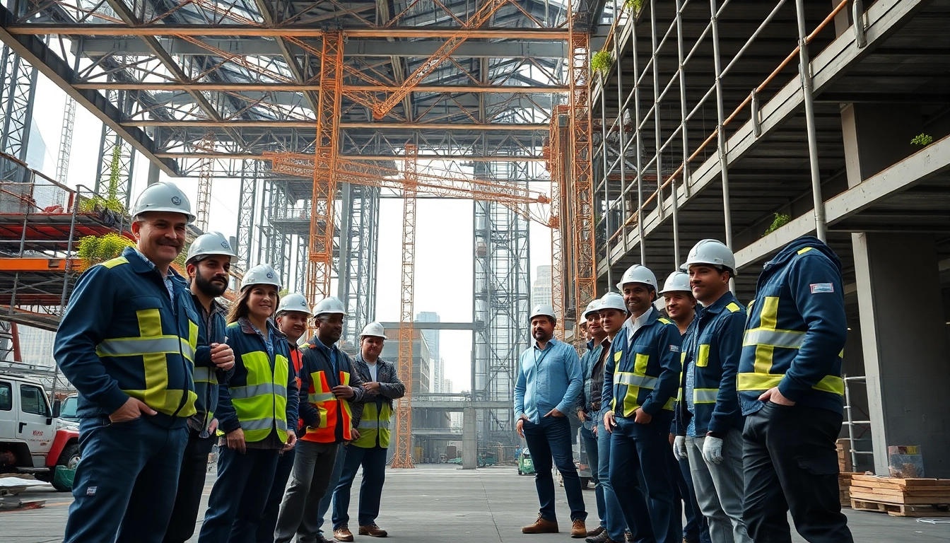 New York Commercial General Contractor overseeing active construction site with diverse team.