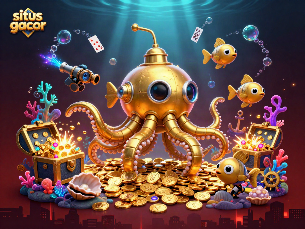 Engage with the exhilarating world of situs gacor casinos featuring a kraken submarine amid treasure.