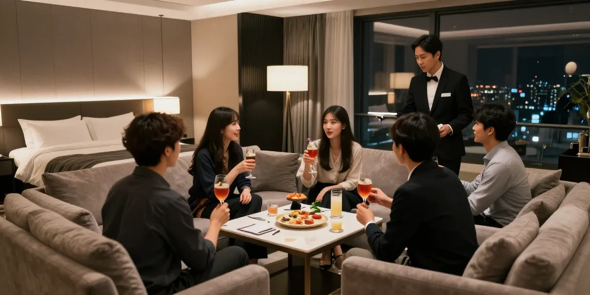 강남구구단 쩜오에서 고급스럽고 아늑한 독립룸의 분위기를 표현하며, 손님들이 대화를 나누는 모습.