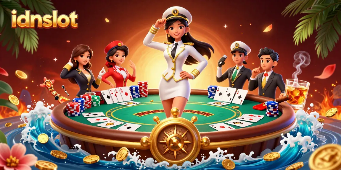 Engage with idnslot on a golden ship bow as an Asian woman commands the scene amidst vibrant poker elements.