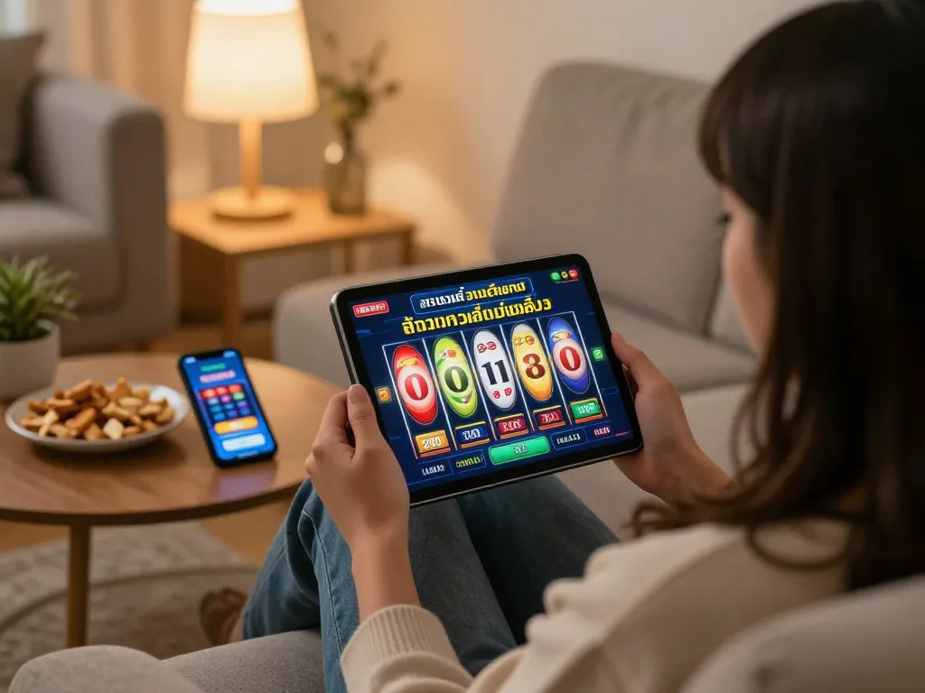 Engaged player ทดลองเล่นสล็อต on a tablet showing colorful slot reels, relaxed home atmosphere.