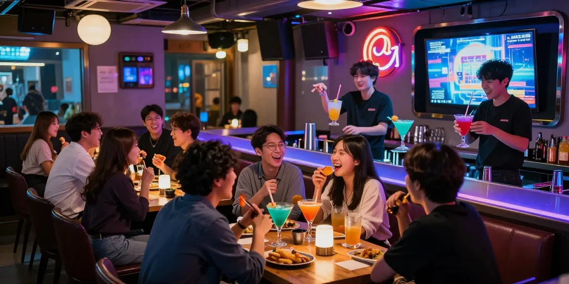 Experience 제주유흥 in a lively karaoke bar setting with friends enjoying drinks and music, vibrant atmosphere.