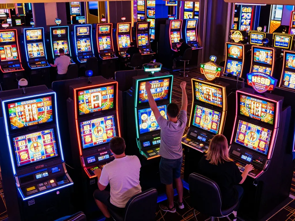 Slot gacor players celebrating wins at vibrant casino slot machines