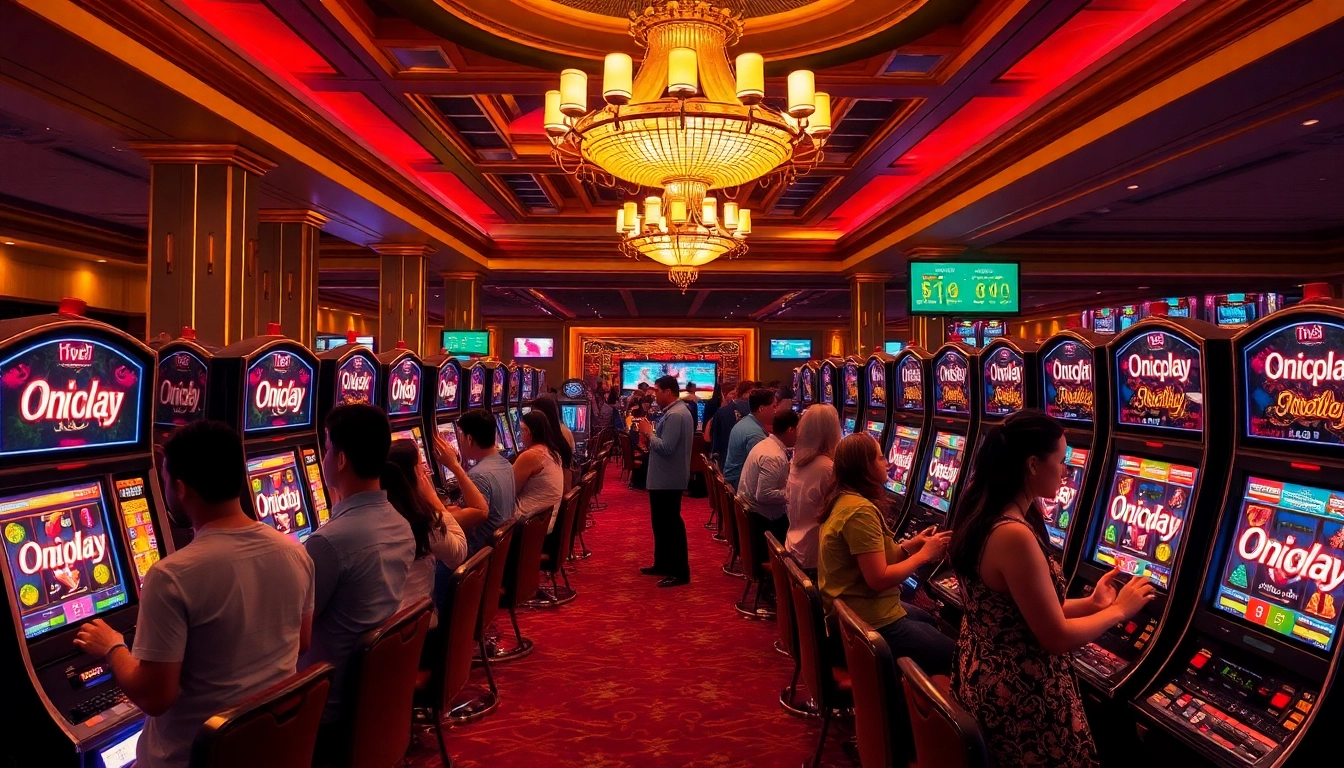 Gambling players enjoying slot machines at a casino featuring Onicplay branding.