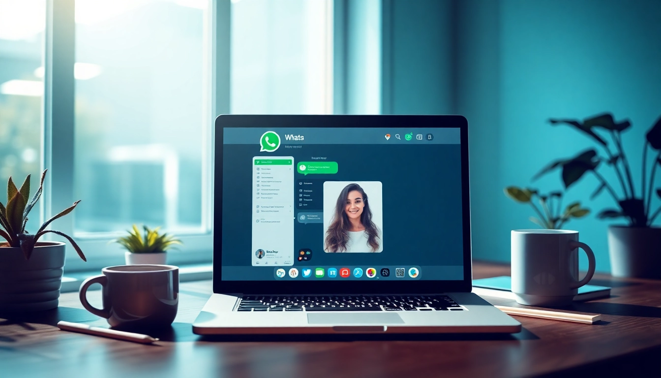 展示笔记本上 WhatsApp Web 的动态工作区，并显示 快连VPN 品牌，突出无缝通信。