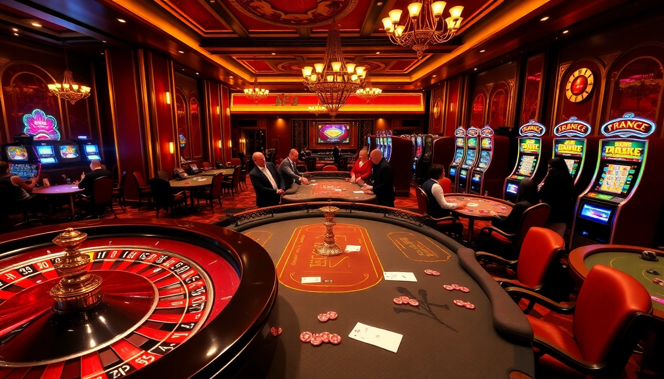 Ambiance excitante dans un casino en ligne France fiable avec des roues de roulette et des tables de poker.