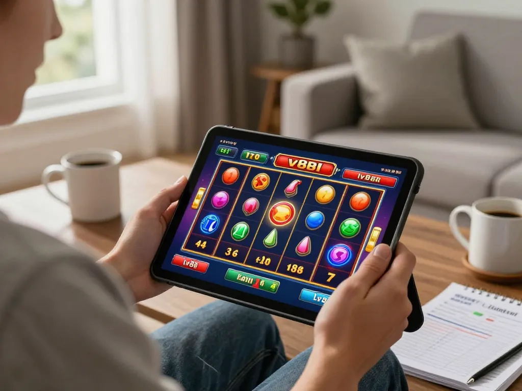 Player enjoying an engaging lv88 game on a tablet, showcasing exciting slot machine graphics in a cozy setting.