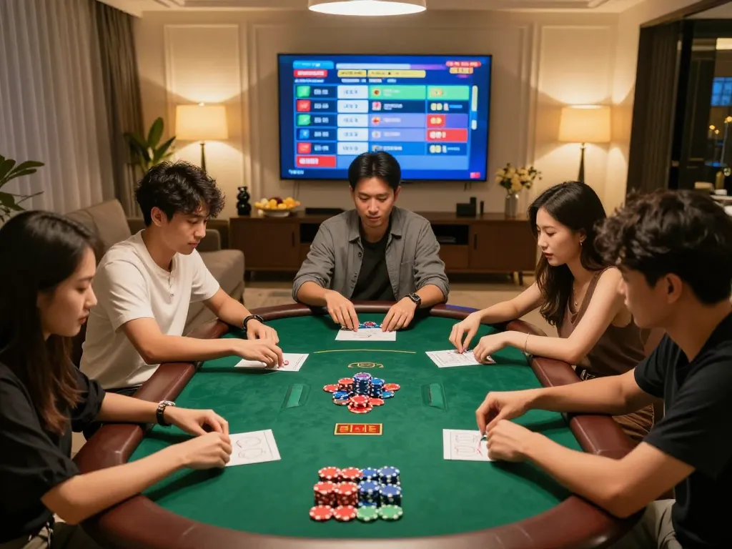 Live draw cambodia game night with friends engaging and enjoying excitement around a poker table.