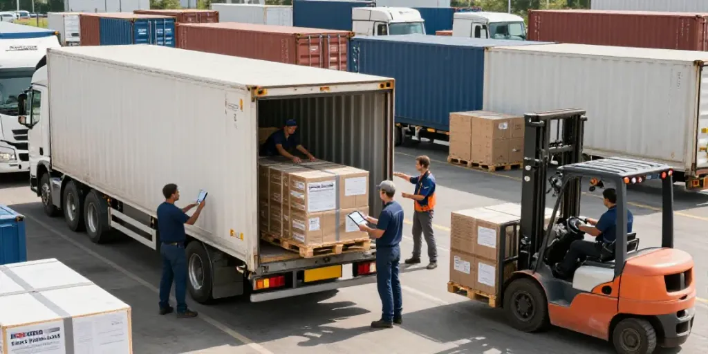 FTL Transport Deutschland in einem geschäftigen Logistikzentrum, wo Lastwagen entladen werden.