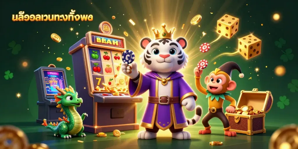 Experience the excitement of สล็อตเว็บตรงทั้งหมด with engaging characters and vibrant casino elements in this lively illustration.